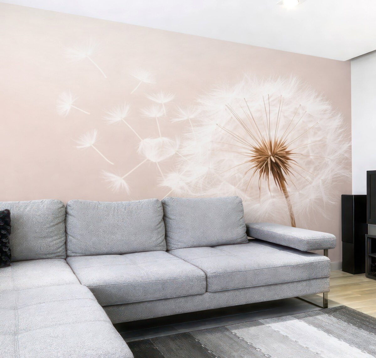 Fototapeta Wsp współczesna, delikatna kompozycja kwiatowa z całkowicie otwartą główką mniszka lekarskiego oraz unoszącymi się nasionami, na tle subtelnej struktury przypominającej materiał.