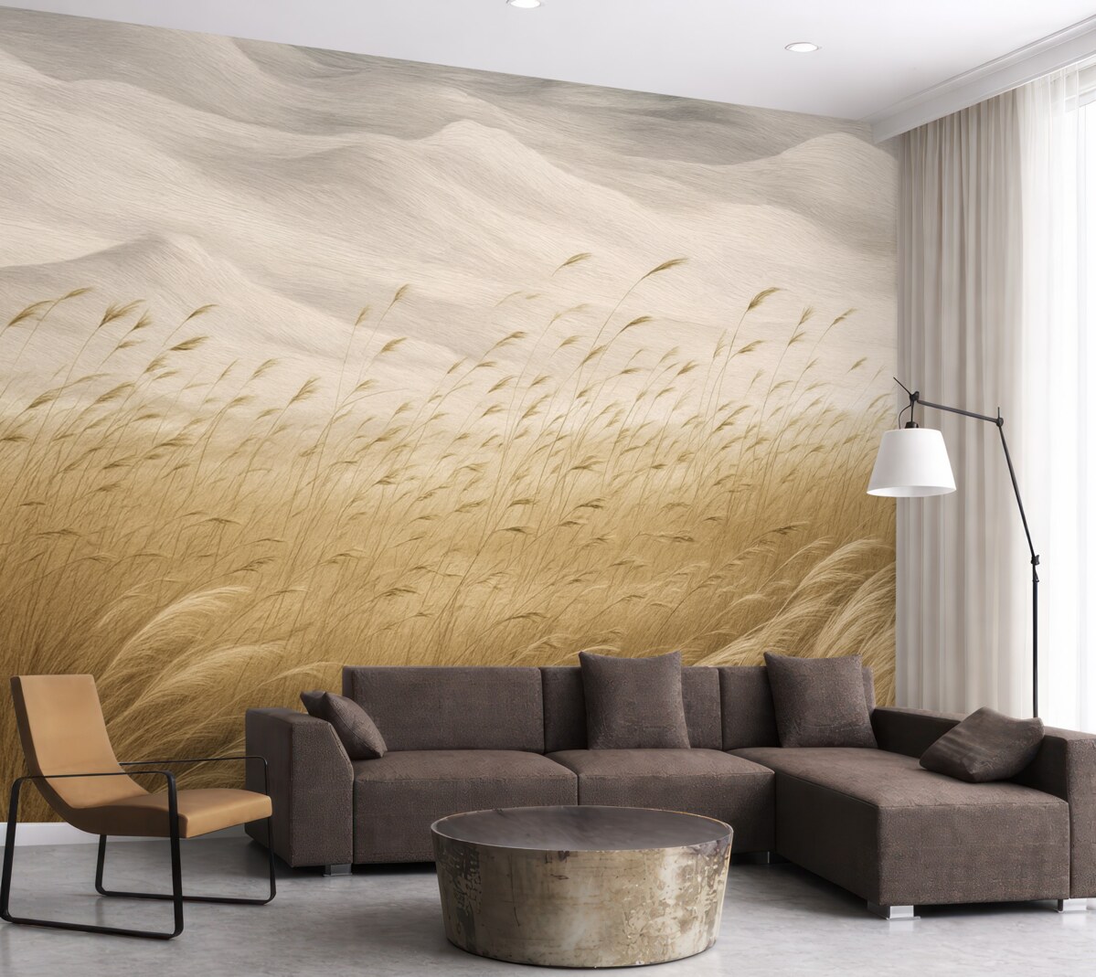 Fototapeta Abstrakcyjne łany trawy poruszane wiatrem w odcieniach beżu oraz kamienia, linie rysunku tuszem na teksturowanym tle papierowym, cicha nordycka wieś.