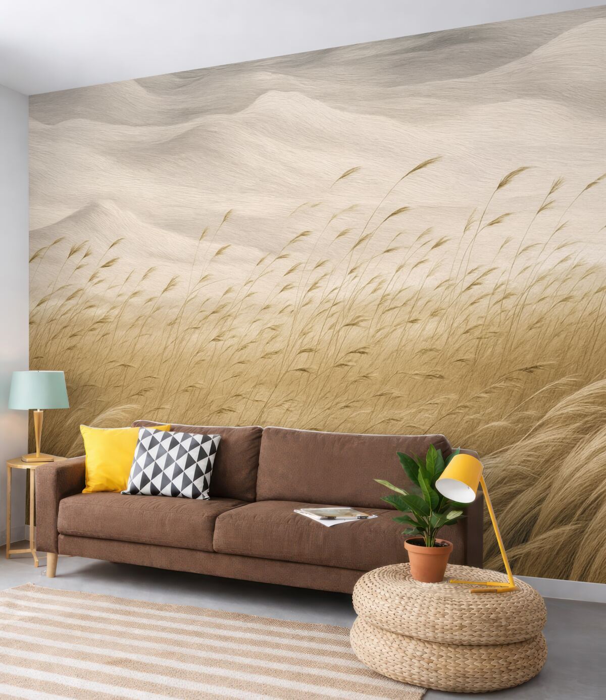 Fototapeta Abstrakcyjne łany trawy poruszane wiatrem w odcieniach beżu oraz kamienia, linie rysunku tuszem na teksturowanym tle papierowym, cicha nordycka wieś.