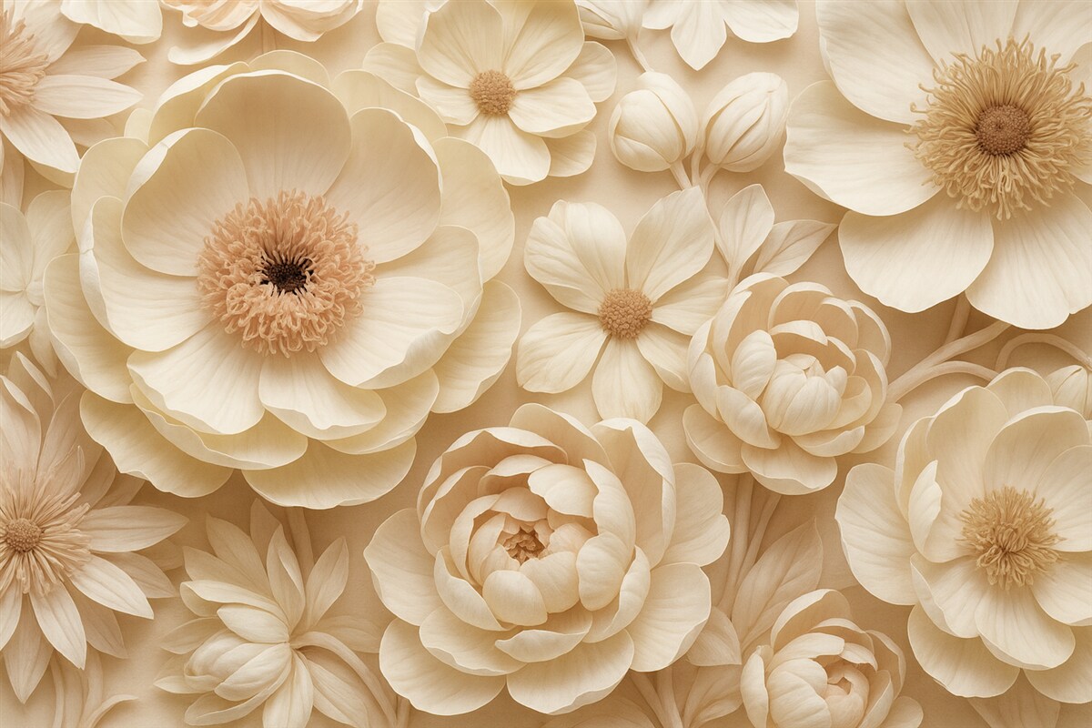 Fototapeta Wolumetryczna aranżacja kwiatowa z subtelnymi, papierowymi lub tkaninowymi płatkami w tonacjach kości słoniowej, wanilii i różu, na tle ciepłego beżu.