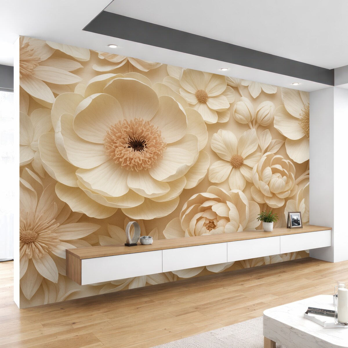 Fototapeta Wolumetryczna aranżacja kwiatowa z subtelnymi, papierowymi lub tkaninowymi płatkami w tonacjach kości słoniowej, wanilii i różu, na tle ciepłego beżu.