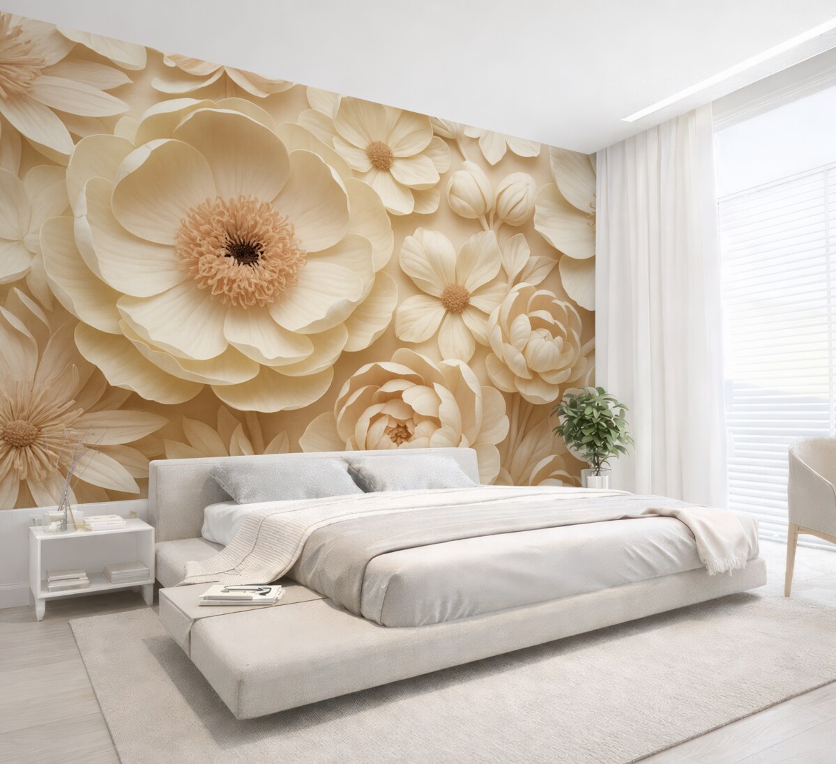 Fototapeta Wolumetryczna aranżacja kwiatowa z subtelnymi, papierowymi lub tkaninowymi płatkami w tonacjach kości słoniowej, wanilii i różu, na tle ciepłego beżu.