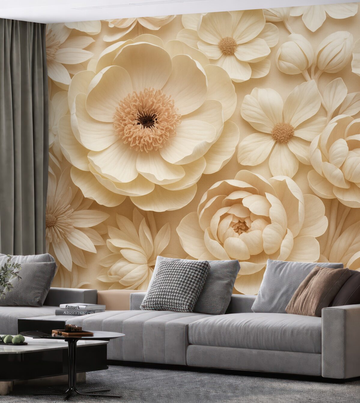 Fototapeta Wolumetryczna aranżacja kwiatowa z subtelnymi, papierowymi lub tkaninowymi płatkami w tonacjach kości słoniowej, wanilii i różu, na tle ciepłego beżu.