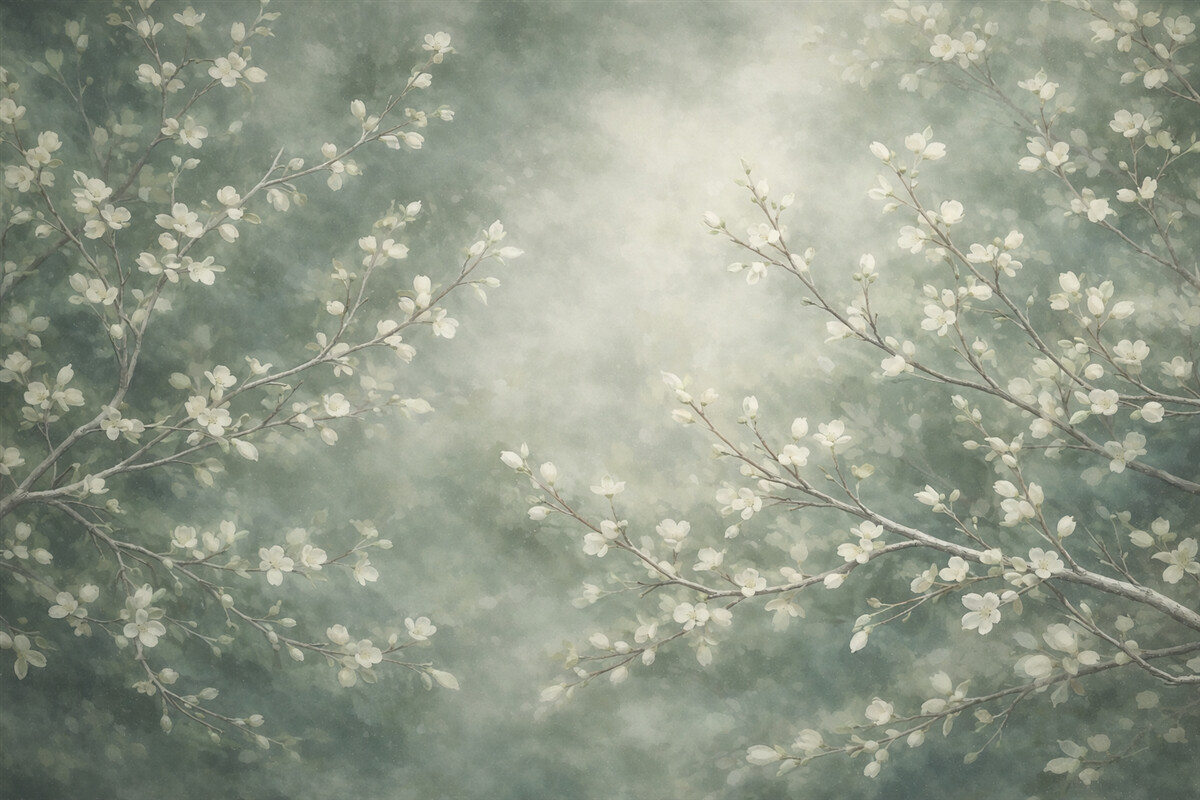 Fototapeta Minimalistyczny, ręcznie malowany wzór tapety z delikatnymi białymi gałązkami drzew z subtelnymi liś