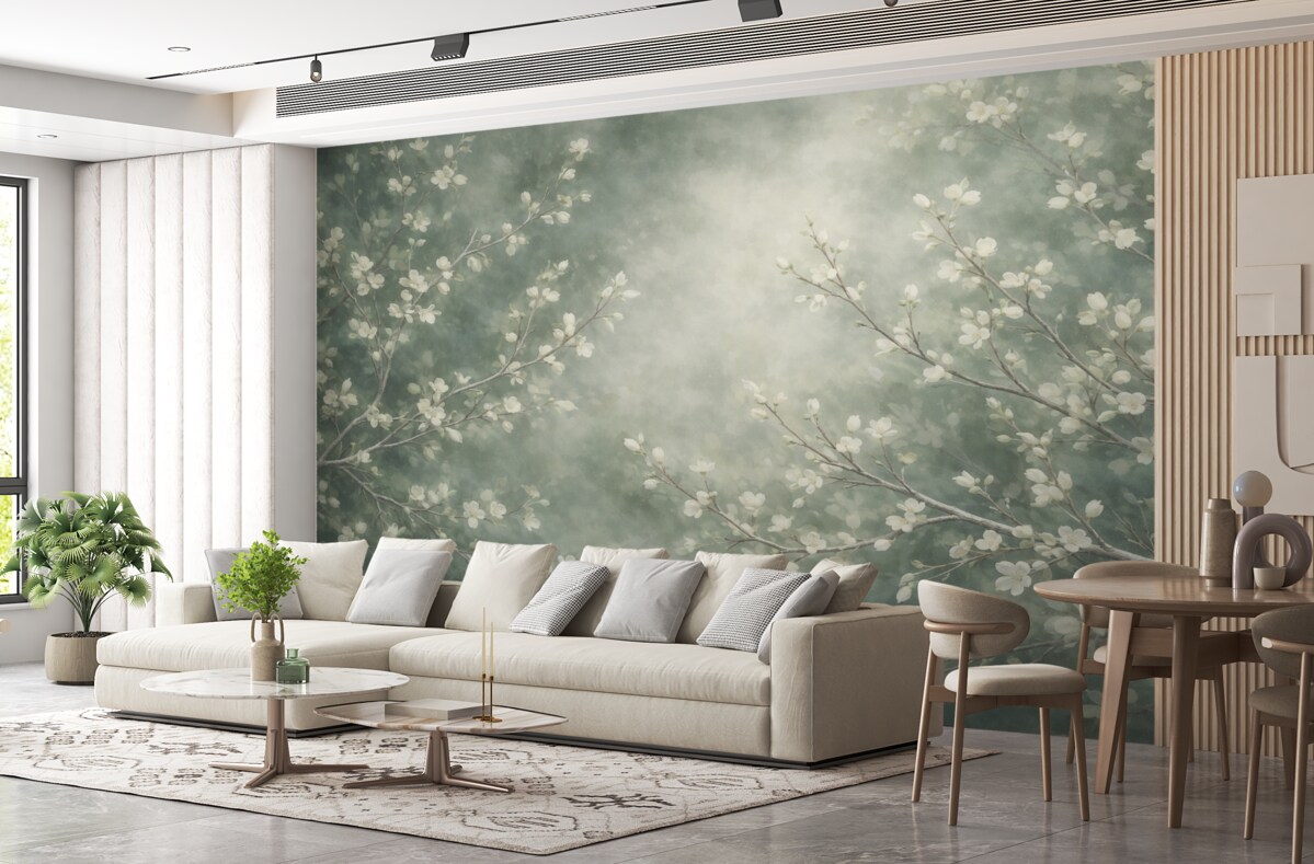 Fototapeta Minimalistyczny, ręcznie malowany wzór tapety z delikatnymi białymi gałązkami drzew z subtelnymi liś