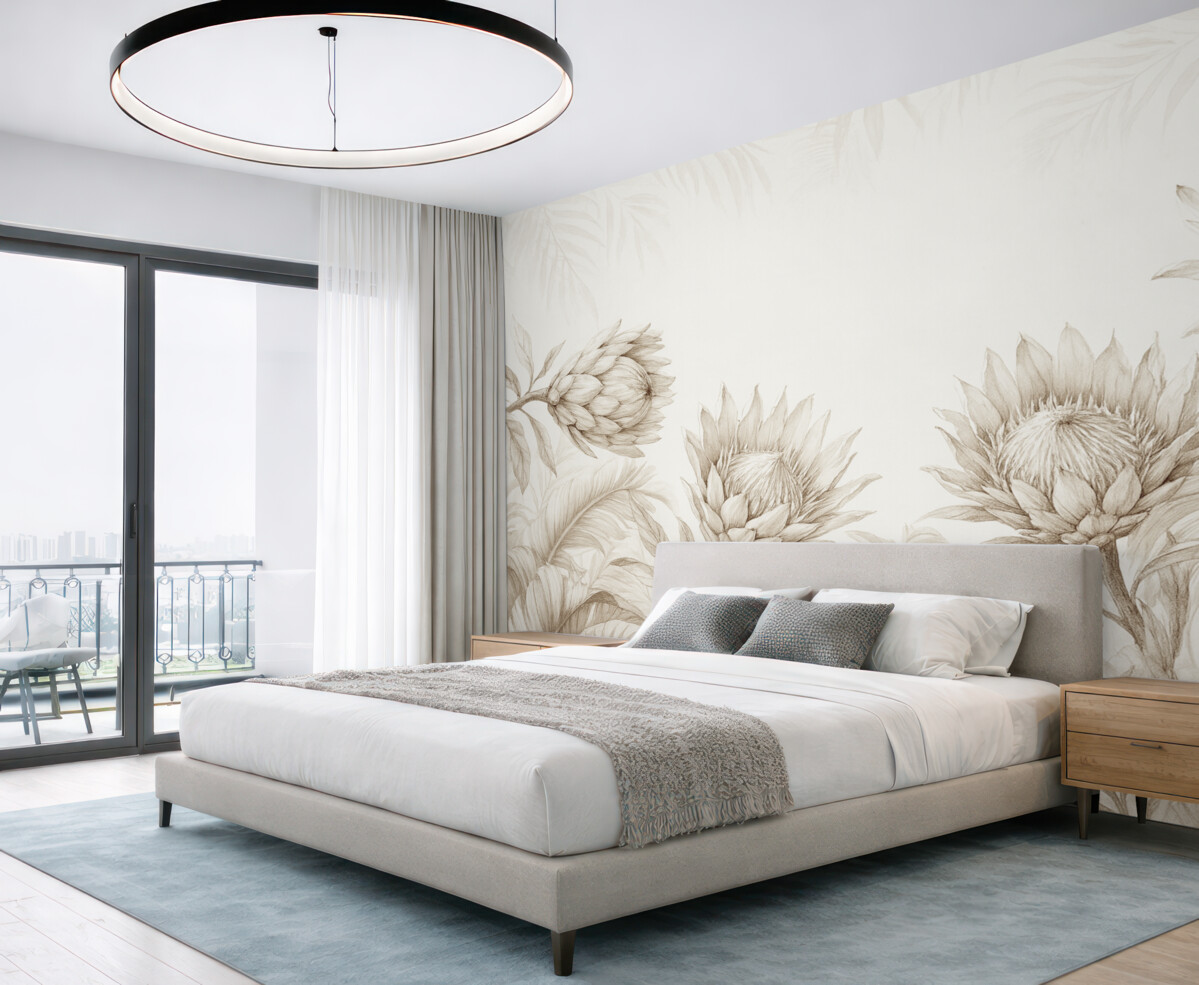 Fototapeta Protea pośród tropikalnych liści, tonacje beżu.