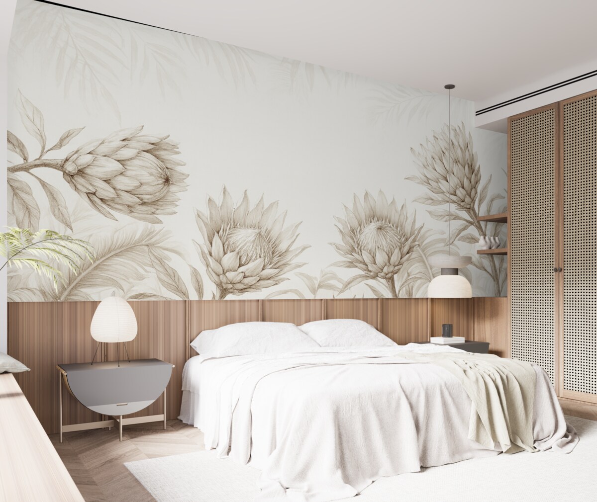 Fototapeta Protea pośród tropikalnych liści, tonacje beżu.