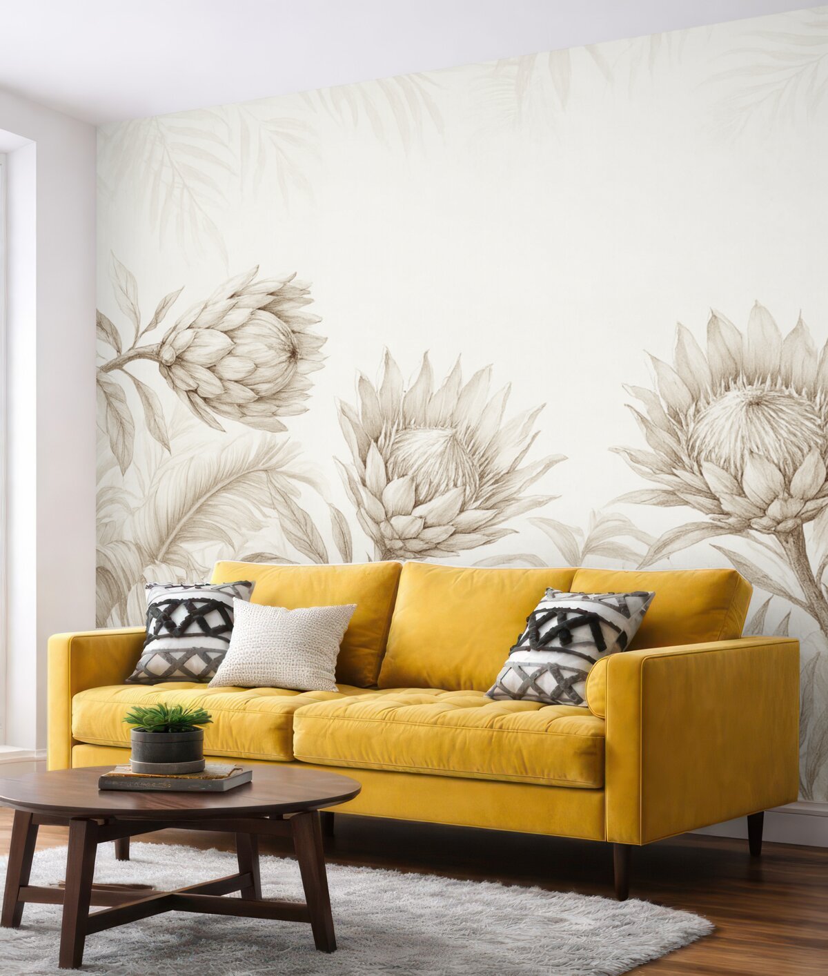 Fototapeta Protea pośród tropikalnych liści, tonacje beżu.