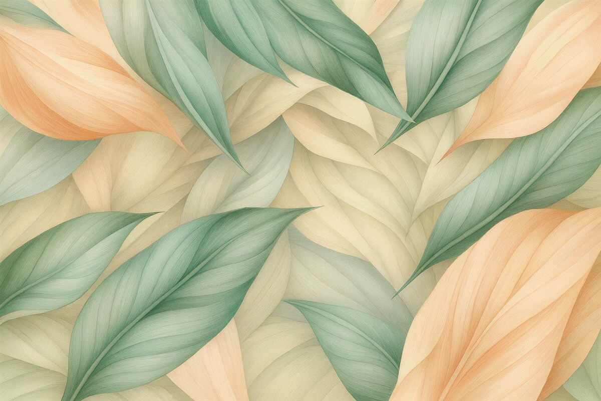 Fototapeta Egzotyczne tropikalne liście w subtelnych brzoskwiniowych i zielonych tonach.