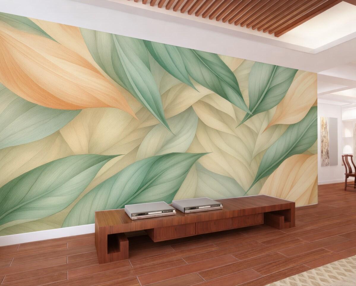 Fototapeta Egzotyczne tropikalne liście w subtelnych brzoskwiniowych i zielonych tonach.