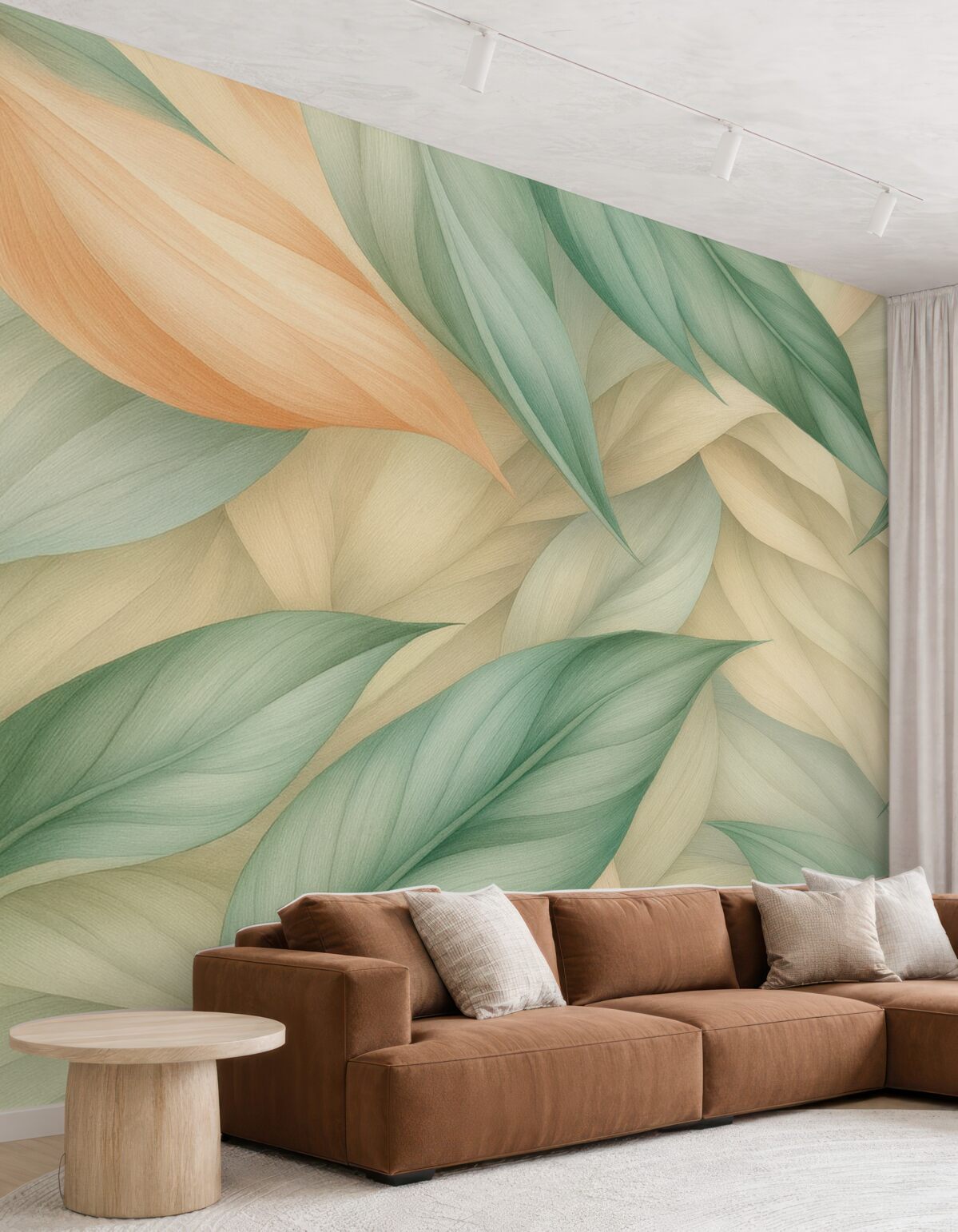 Fototapeta Egzotyczne tropikalne liście w subtelnych brzoskwiniowych i zielonych tonach.