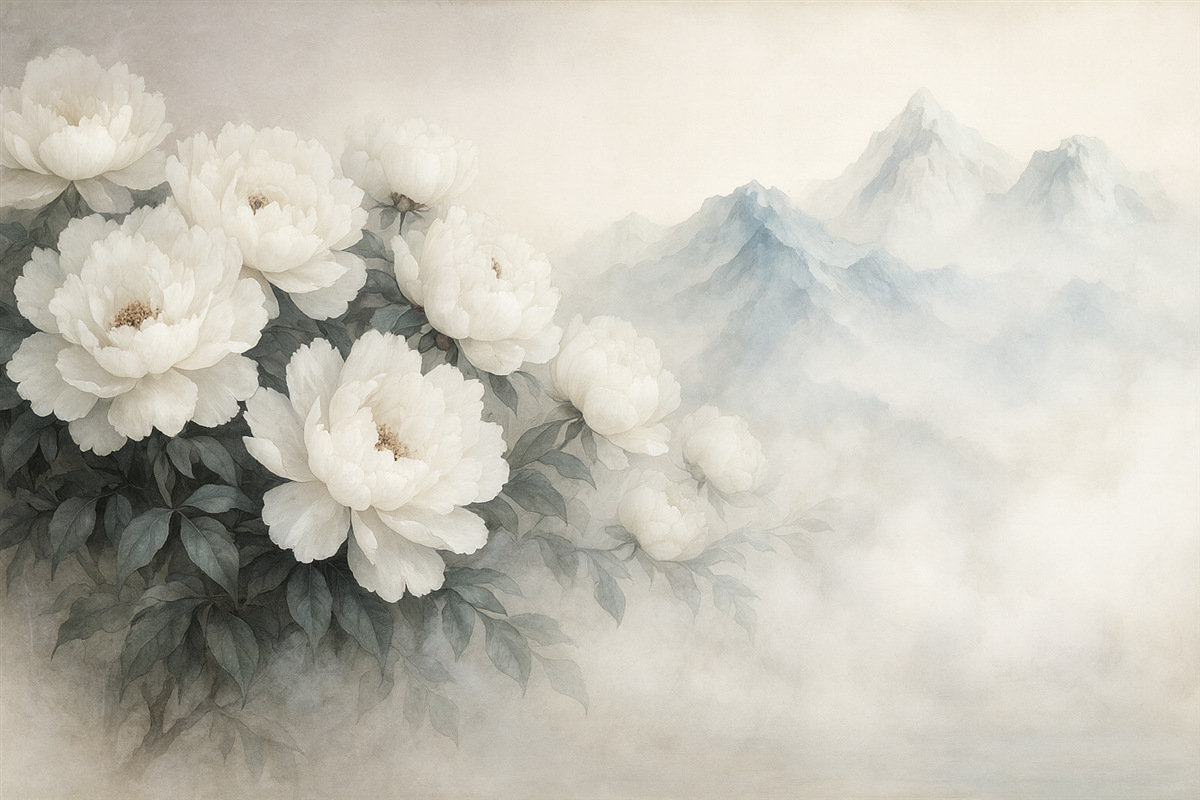 Fototapeta malownicze białe piwonie na tle zamglonych gór