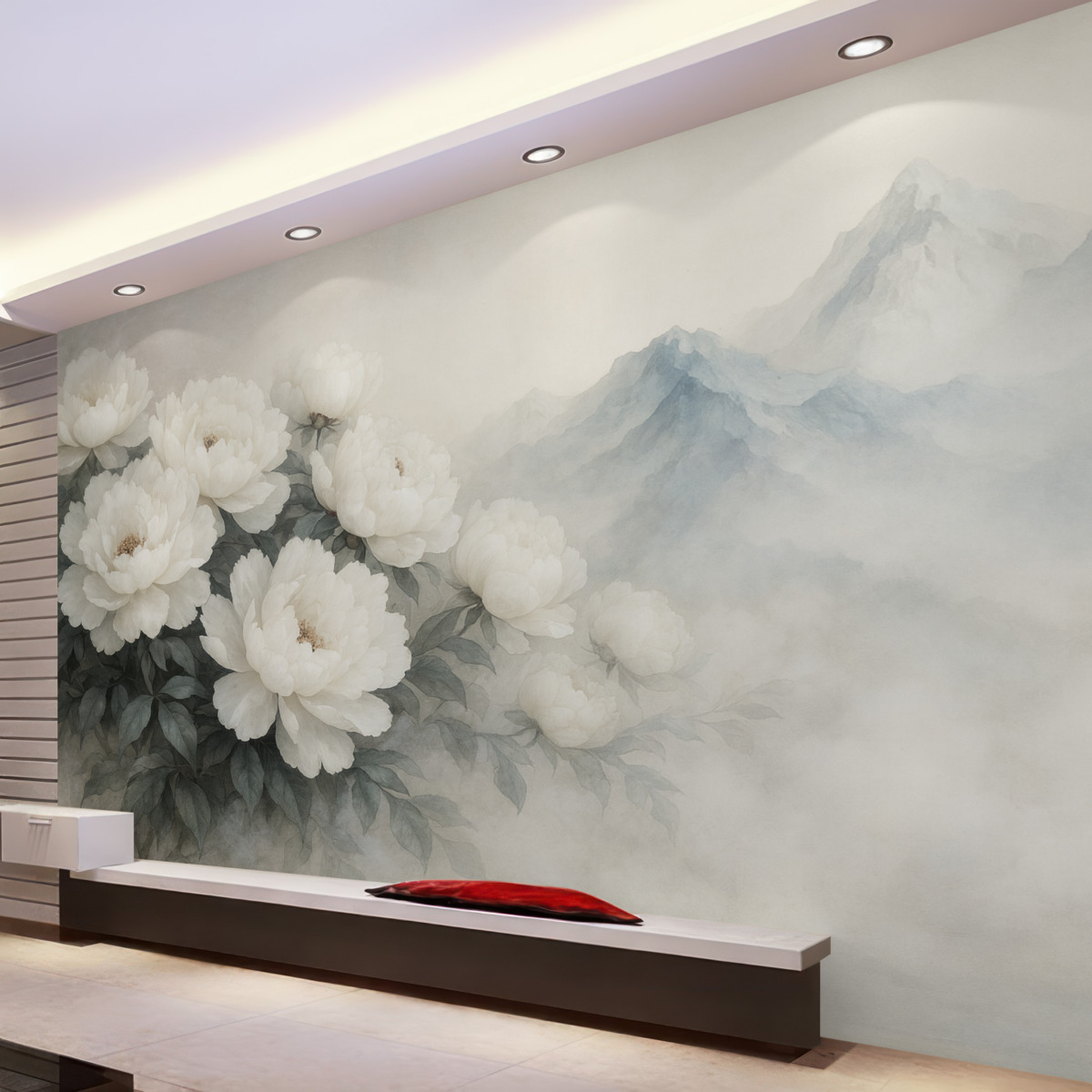 Fototapeta malownicze białe piwonie na tle zamglonych gór