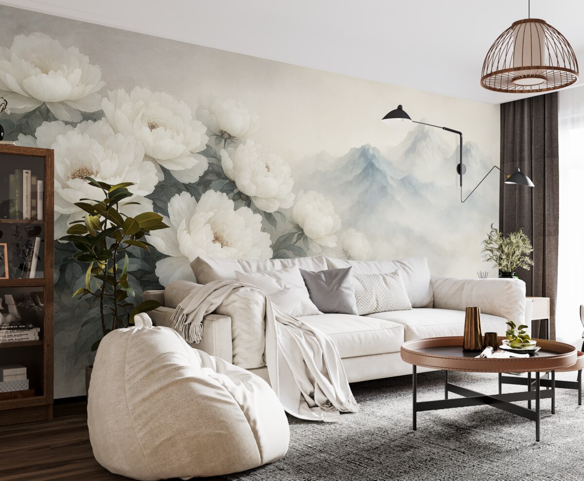 Fototapeta malownicze białe piwonie na tle zamglonych gór