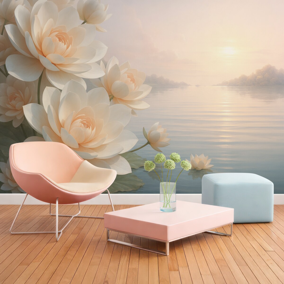 Fototapeta Pastelowe lilie na wodzie pod wieczornym niebem.