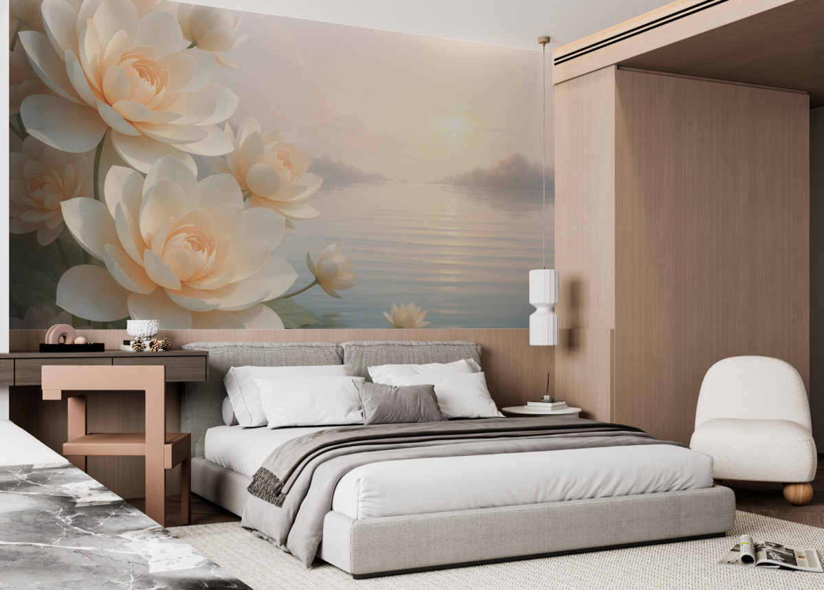 Fototapeta Pastelowe lilie na wodzie pod wieczornym niebem.