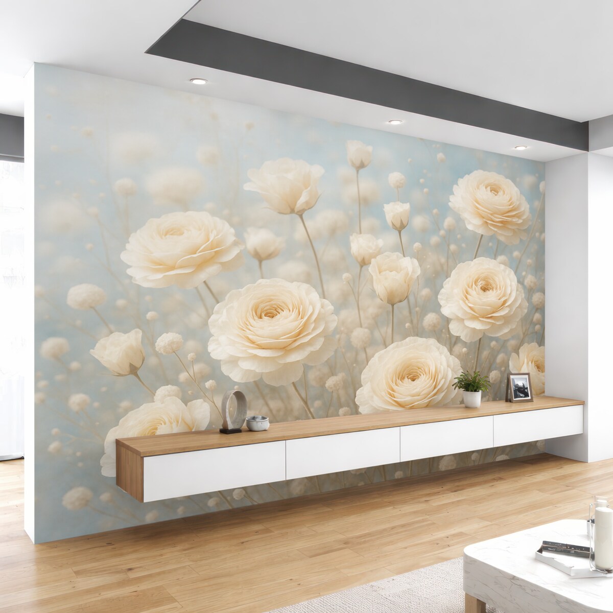 Fototapeta Subtelne kremowe różyczki na jasnoniebieskim tle.