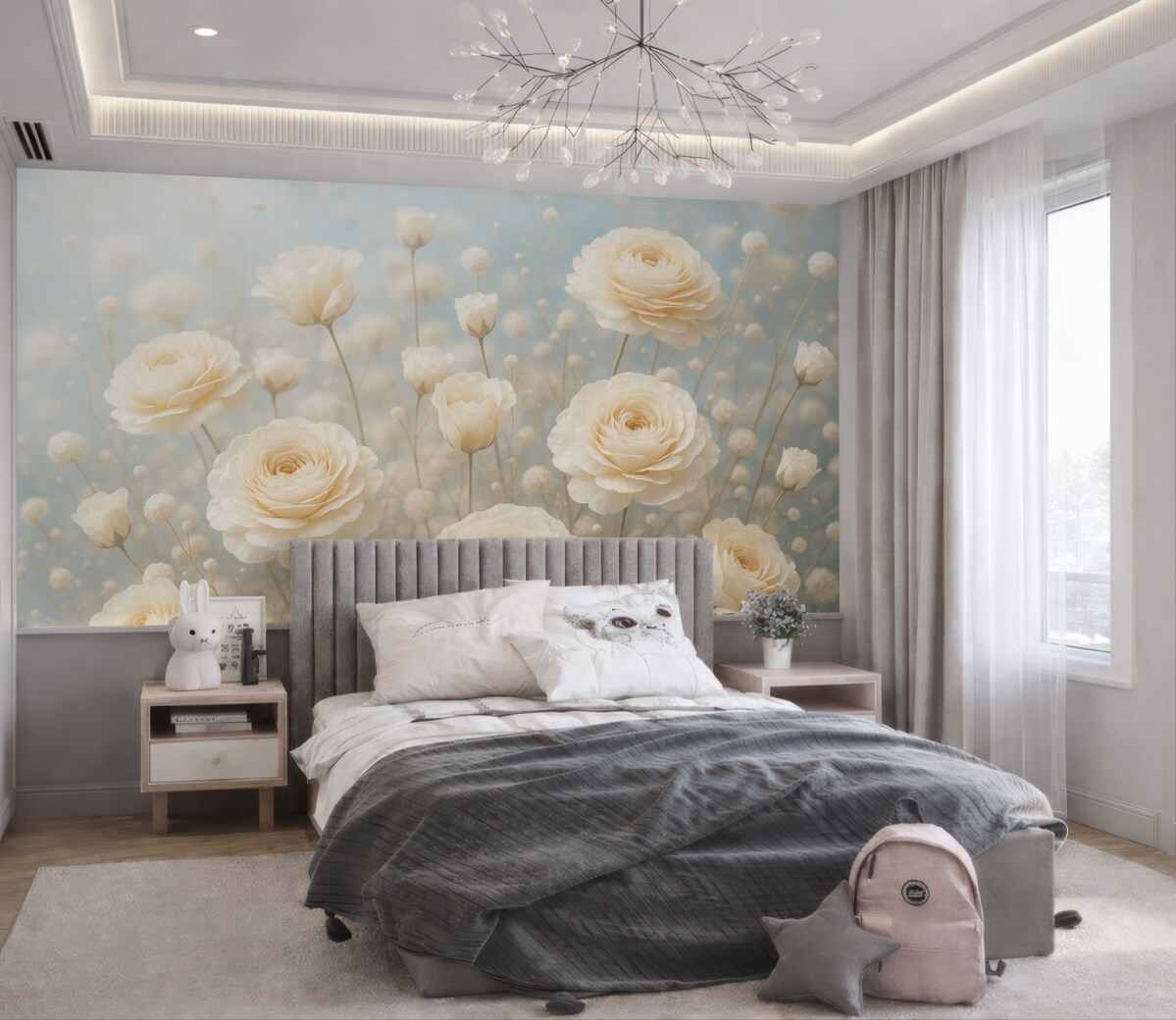 Fototapeta Subtelne kremowe różyczki na jasnoniebieskim tle.