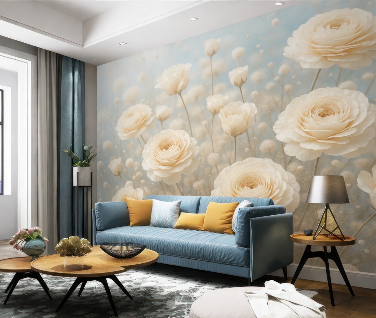 Fototapeta Subtelne kremowe różyczki na jasnoniebieskim tle.