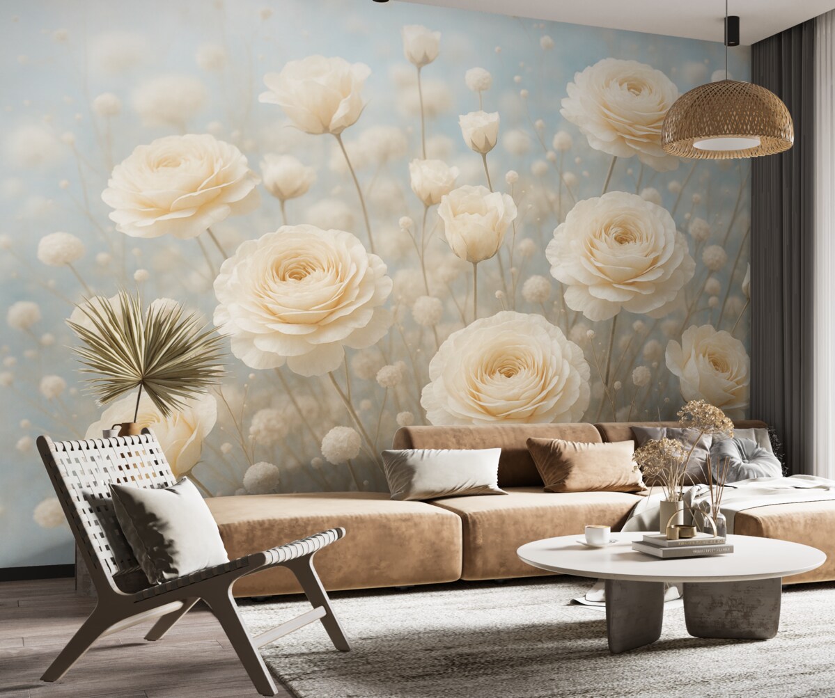 Fototapeta Subtelne kremowe różyczki na jasnoniebieskim tle.