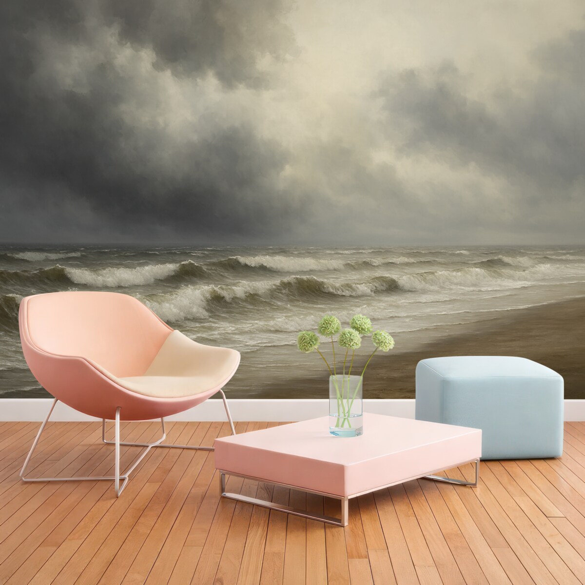 Fototapeta Morze w opadach, tonacje szarości i beżu, nastrojowa aranżacja.