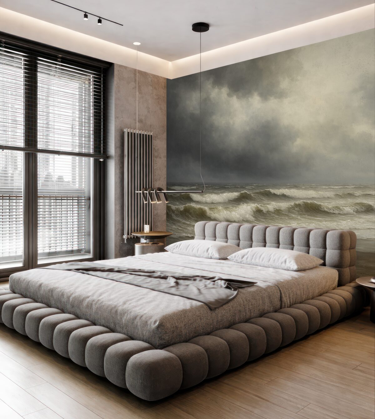 Fototapeta Morze w opadach, tonacje szarości i beżu, nastrojowa aranżacja.