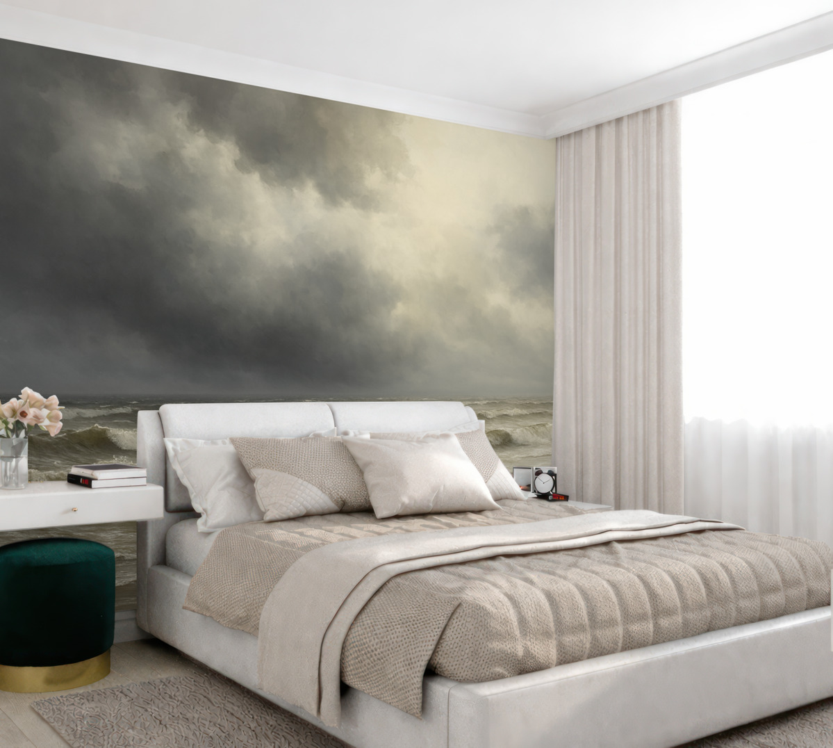 Fototapeta Morze w opadach, tonacje szarości i beżu, nastrojowa aranżacja.