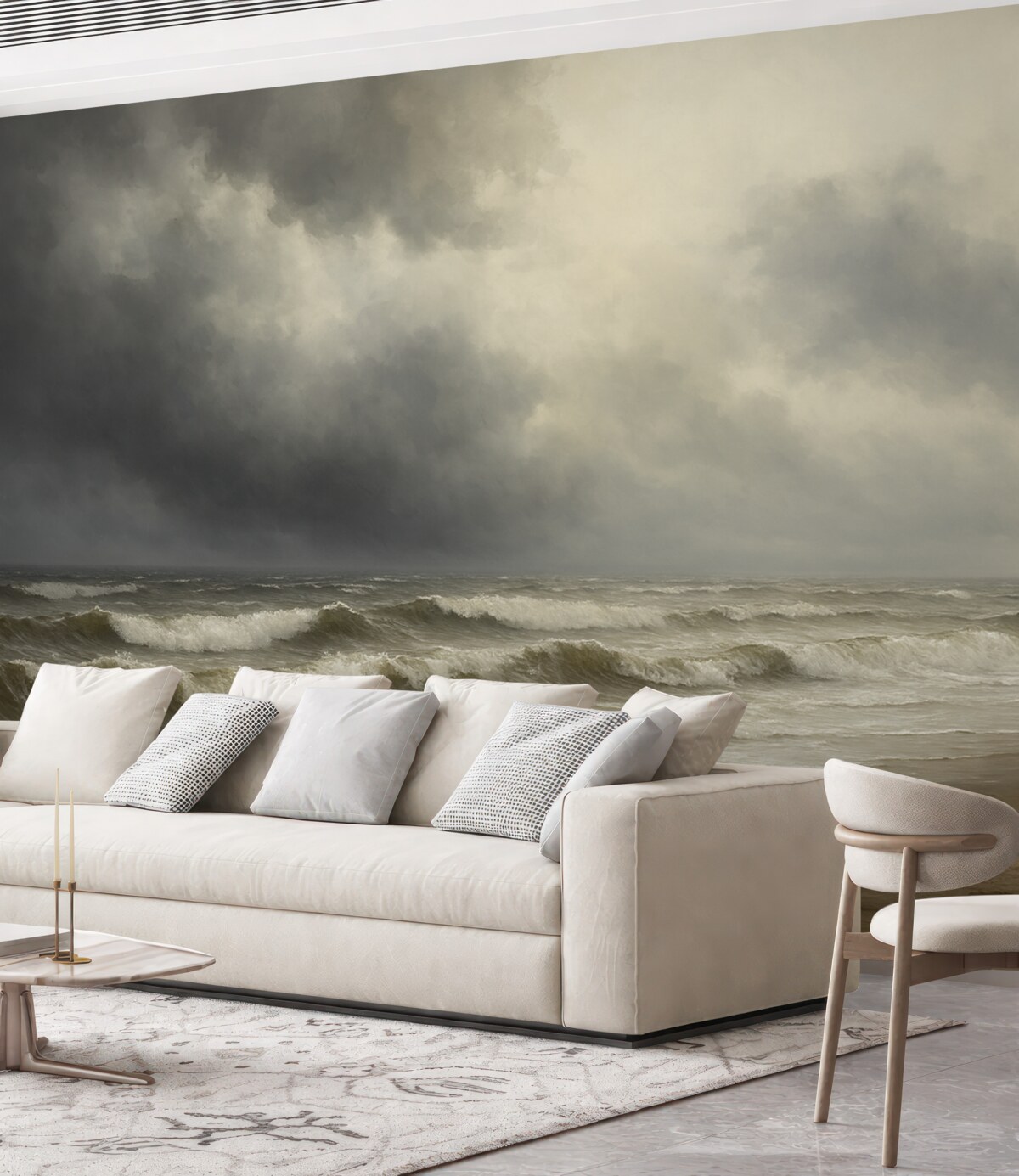 Fototapeta Morze w opadach, tonacje szarości i beżu, nastrojowa aranżacja.