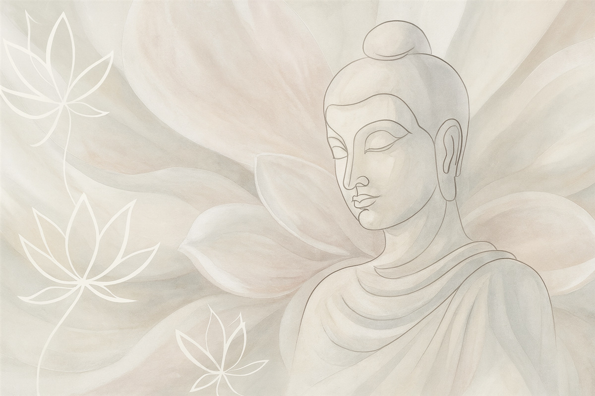 Fototapeta Kwiatowa abstrakcja z ilustracją Buddy, odcienie beżu.