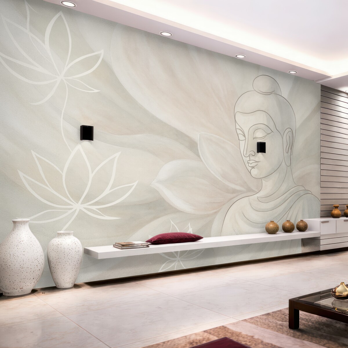 Fototapeta Kwiatowa abstrakcja z ilustracją Buddy, odcienie beżu.