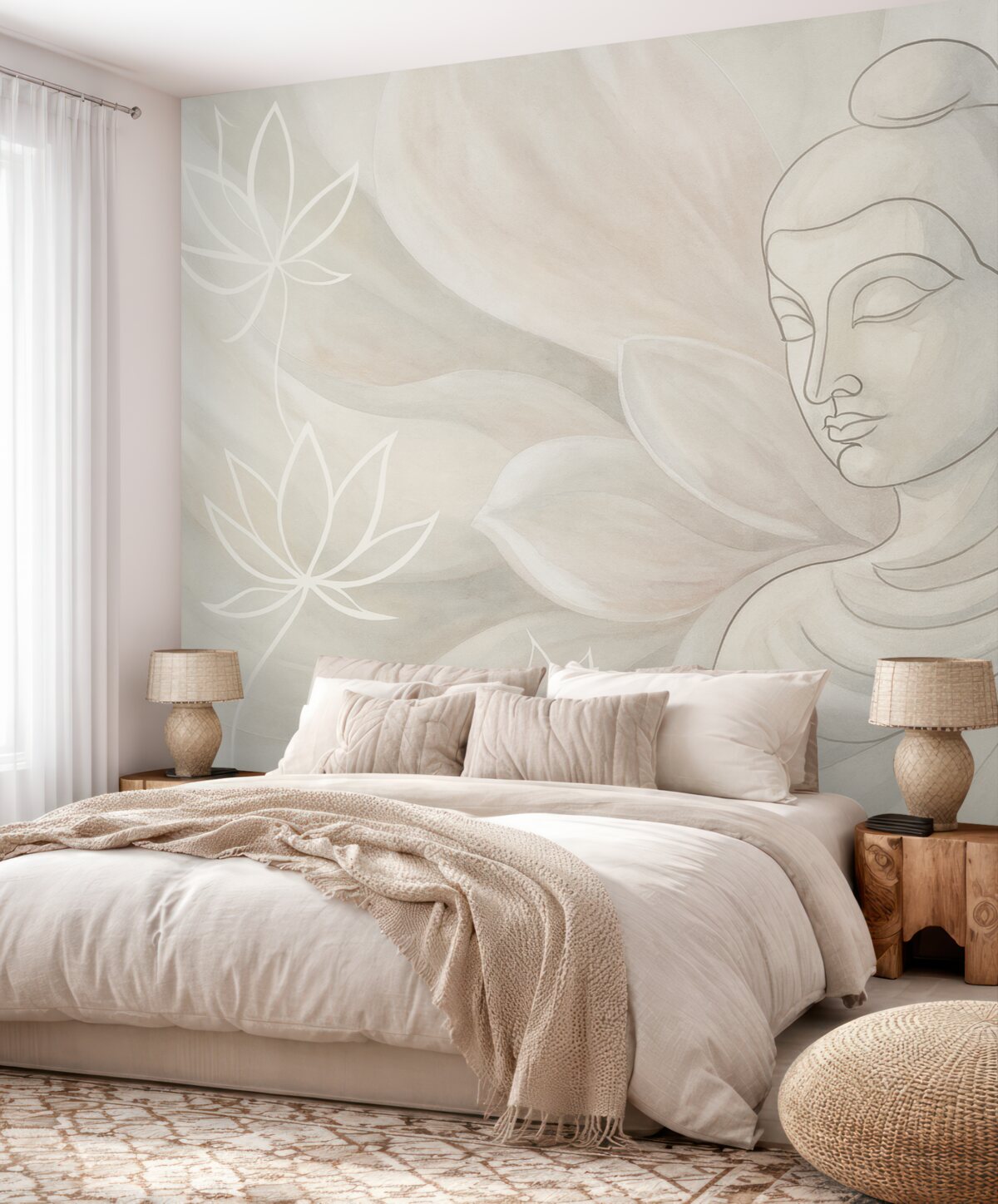 Fototapeta Kwiatowa abstrakcja z ilustracją Buddy, odcienie beżu.