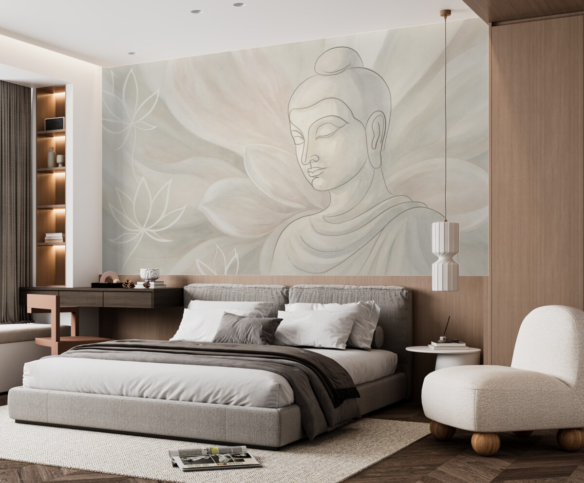 Fototapeta Kwiatowa abstrakcja z ilustracją Buddy, odcienie beżu.