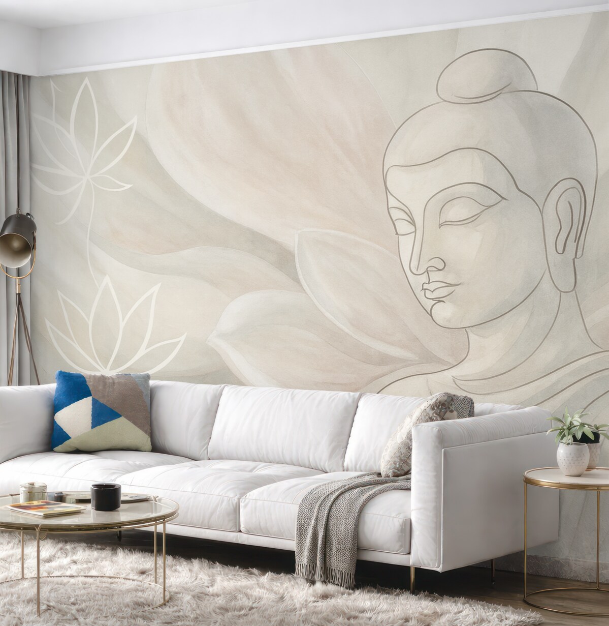 Fototapeta Kwiatowa abstrakcja z ilustracją Buddy, odcienie beżu.