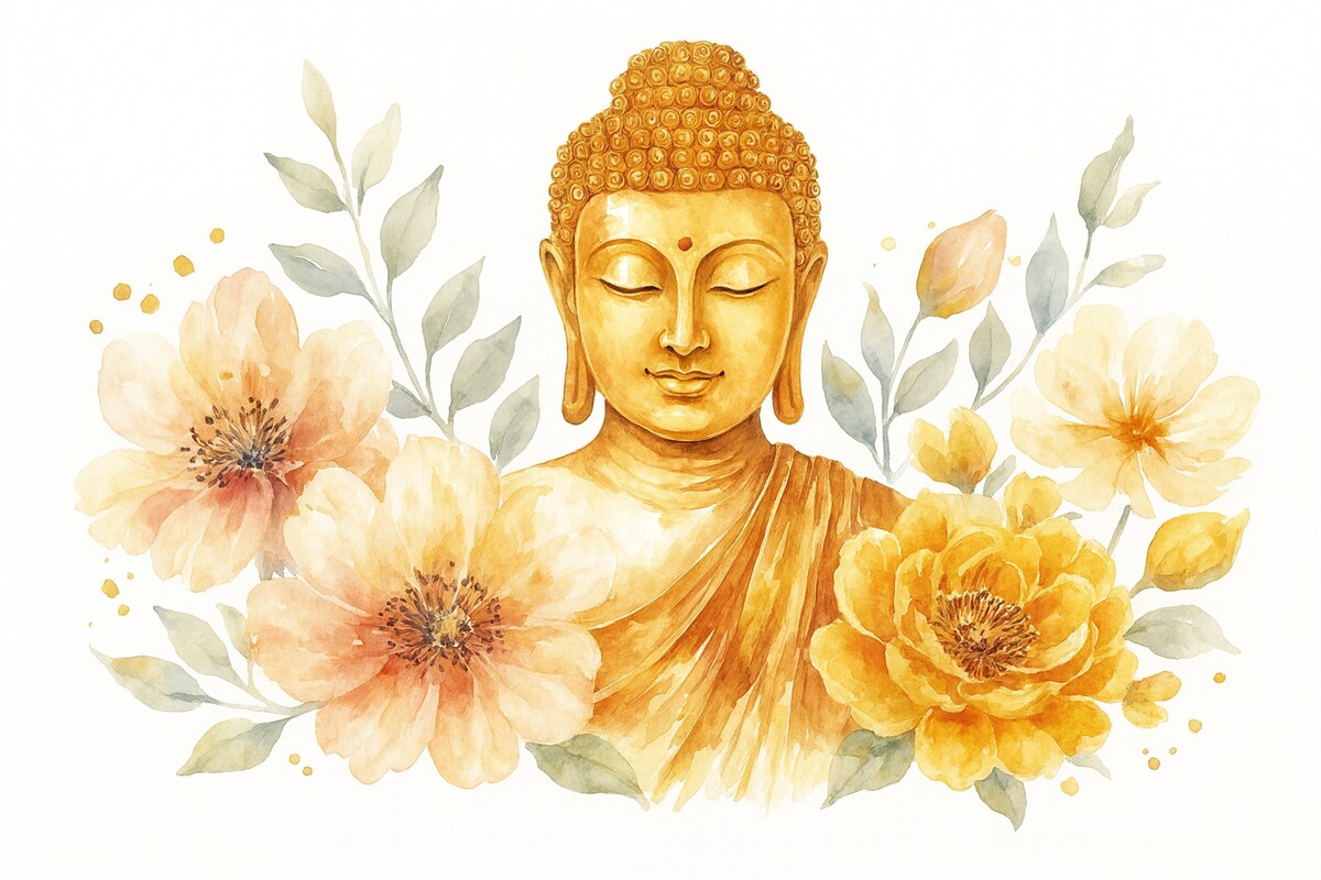 Fototapeta Akwarela Buddy z kwiatami, mistyczna, pomarańczowa gama barw.