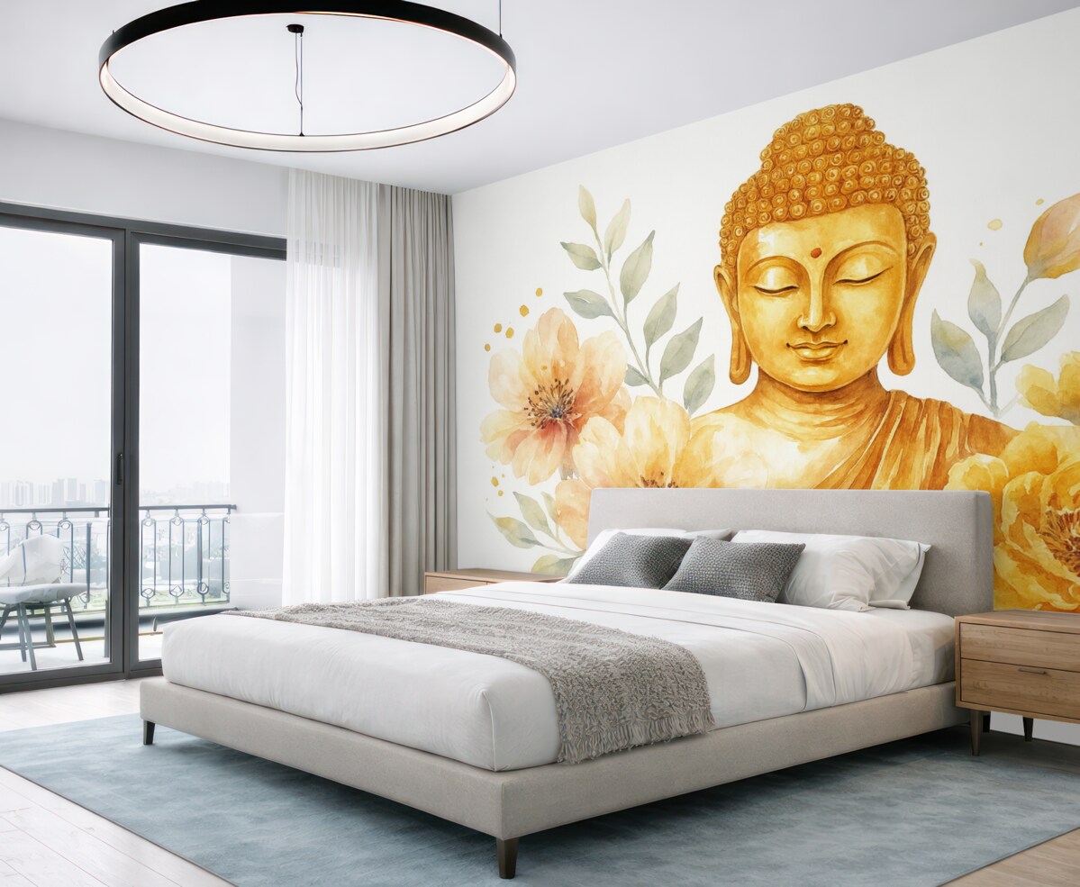 Fototapeta Akwarela Buddy z kwiatami, mistyczna, pomarańczowa gama barw.