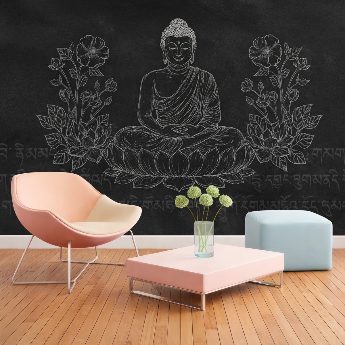 Fototapeta Medytujący Budda z kwiatami lotosu, rysunek liniowy, orientalny, ciemna koncepcja.