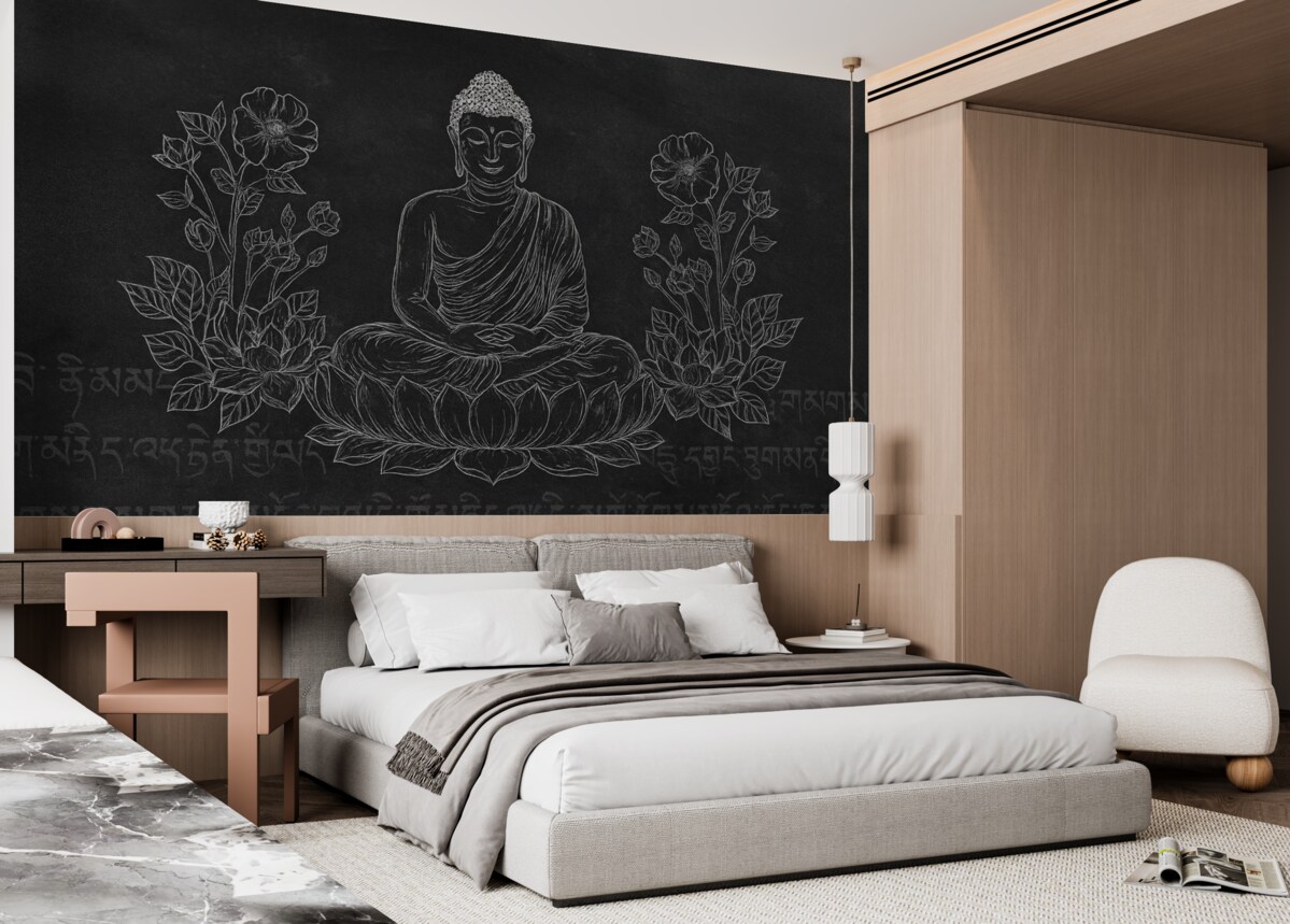 Fototapeta Medytujący Budda z kwiatami lotosu, rysunek liniowy, orientalny, ciemna koncepcja.