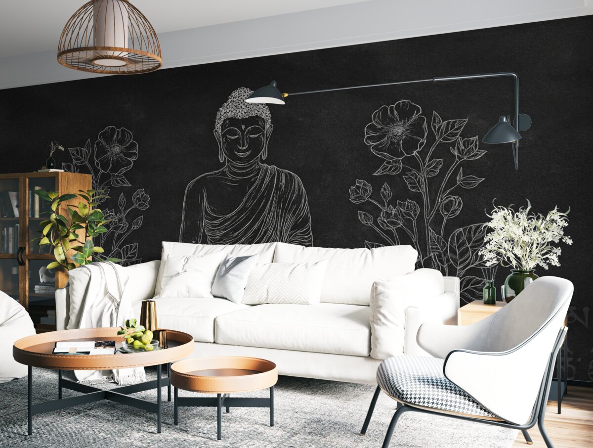 Fototapeta Medytujący Budda z kwiatami lotosu, rysunek liniowy, orientalny, ciemna koncepcja.