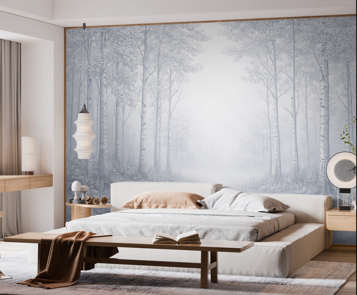 Fototapeta Brzozowy las, prostota, przyroda, niebieska gama barw.