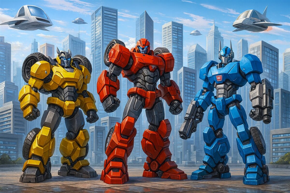 Fototapeta Roboty ewoluujące w scenerii jednolitego miasta.