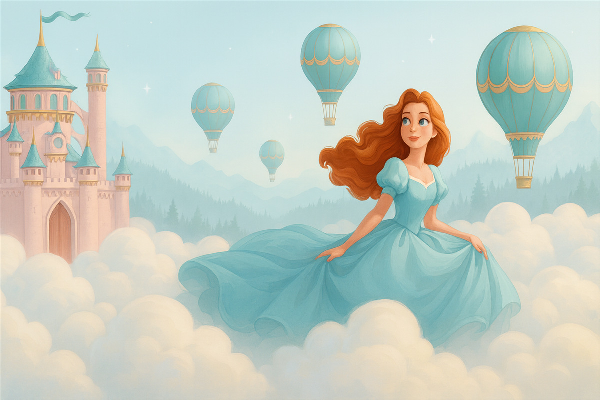 Fototapeta Księżniczka wśród obłoków na tle pejzażu z zamkiem.