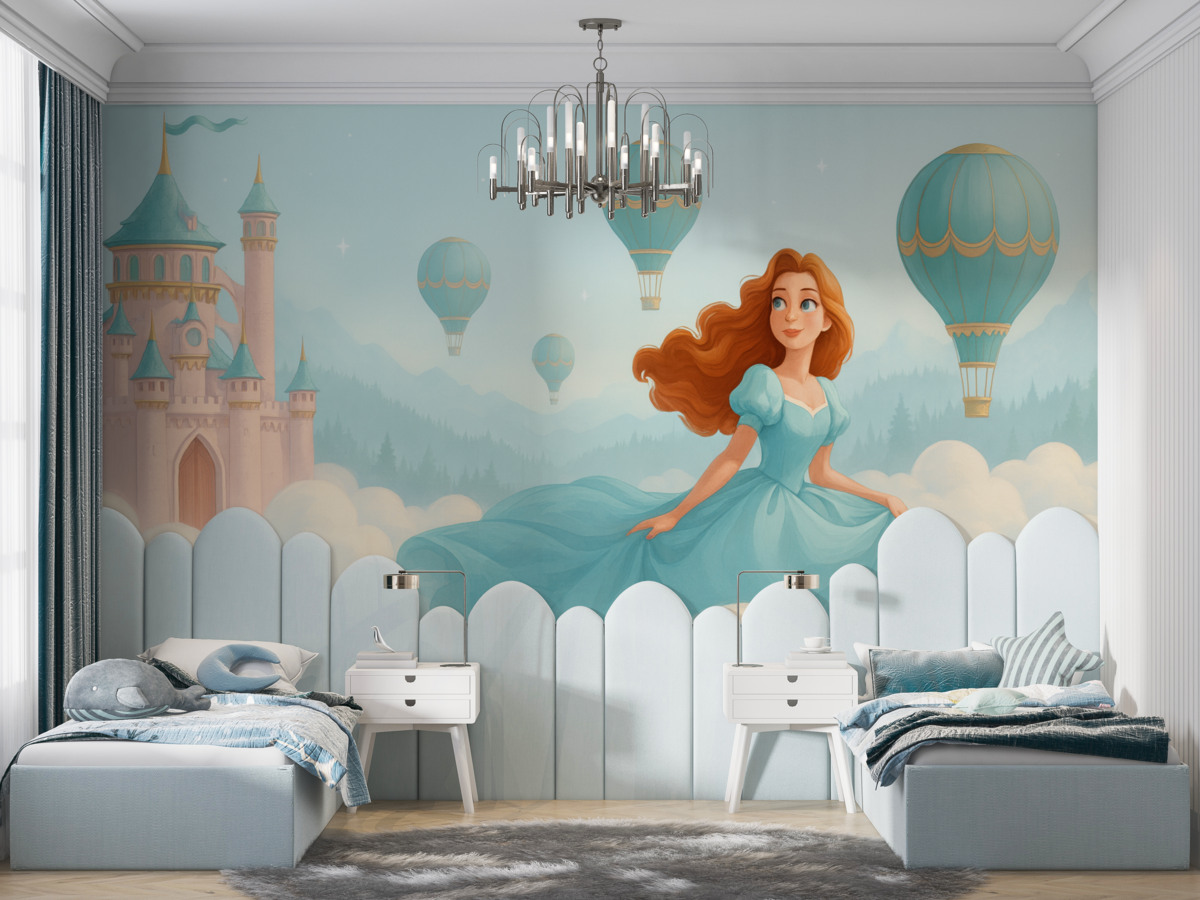 Fototapeta Księżniczka wśród obłoków na tle pejzażu z zamkiem.