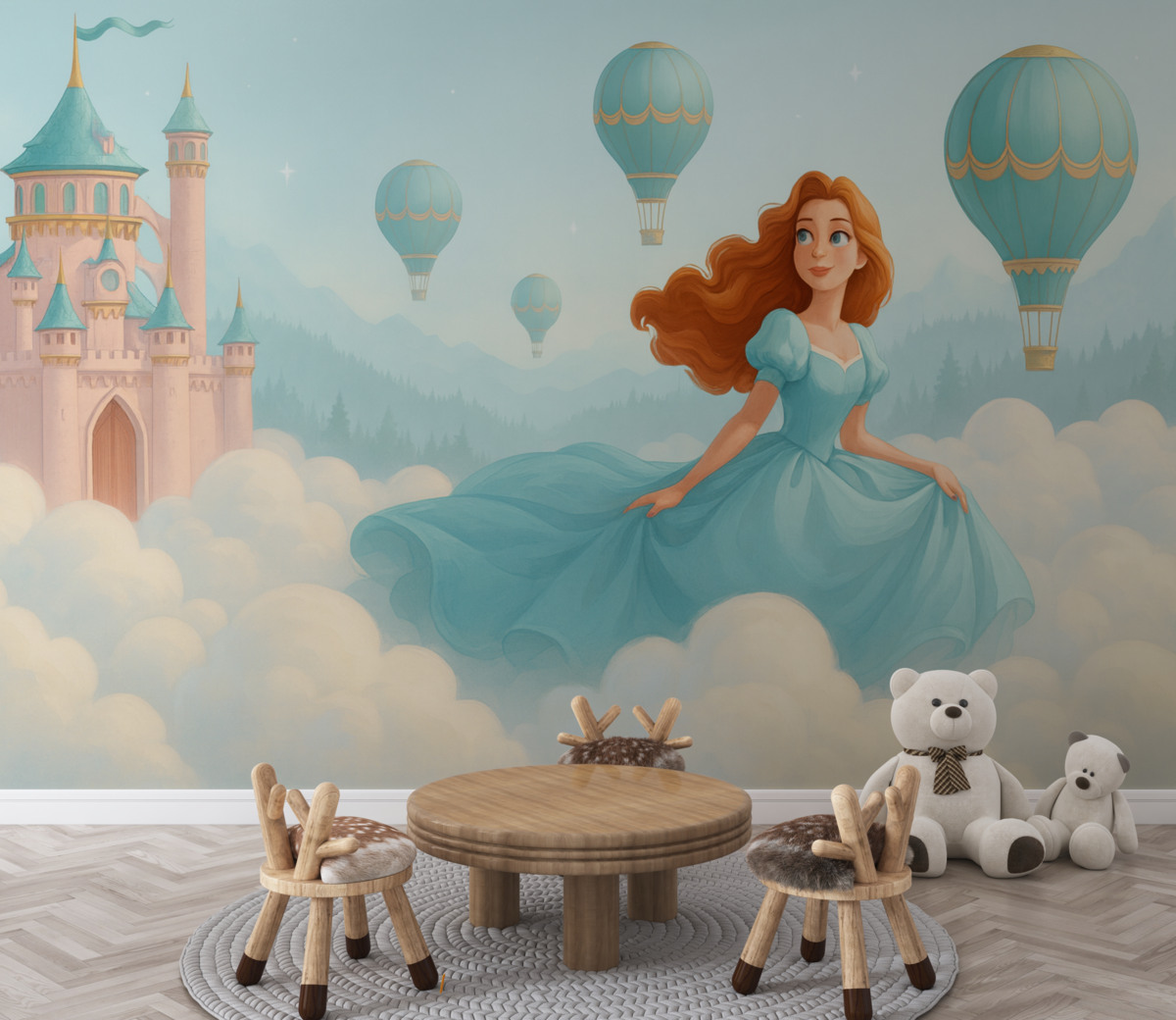 Fototapeta Księżniczka wśród obłoków na tle pejzażu z zamkiem.