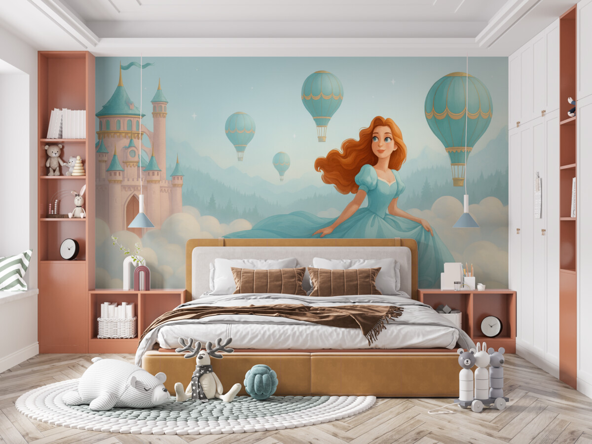 Fototapeta Księżniczka wśród obłoków na tle pejzażu z zamkiem.