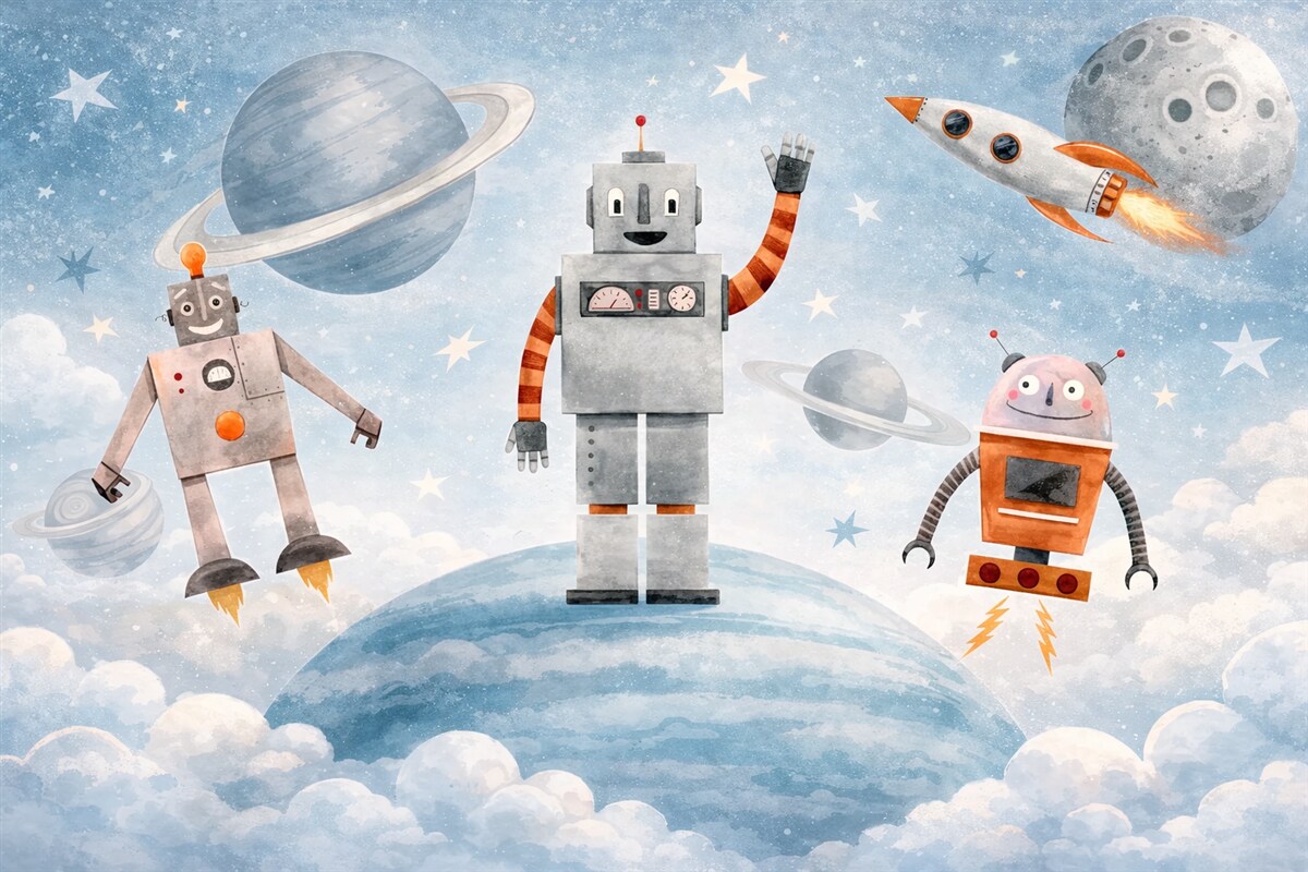 Fototapeta Roboty w przestrzeni kosmicznej w stylu akwarelowym.