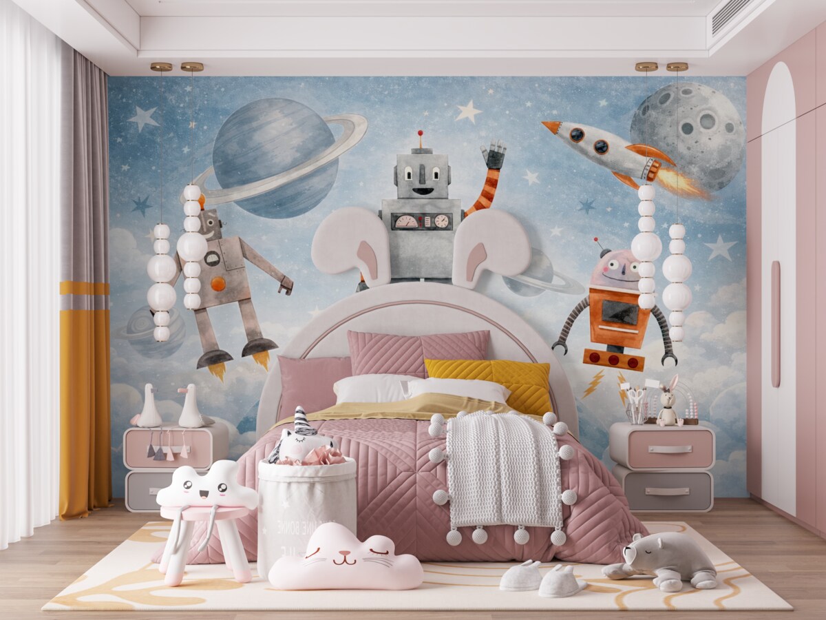 Fototapeta Roboty w przestrzeni kosmicznej w stylu akwarelowym.