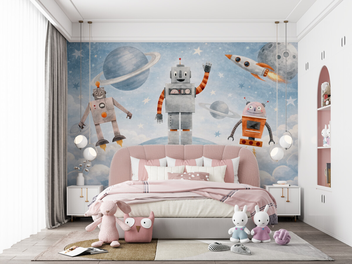 Fototapeta Roboty w przestrzeni kosmicznej w stylu akwarelowym.