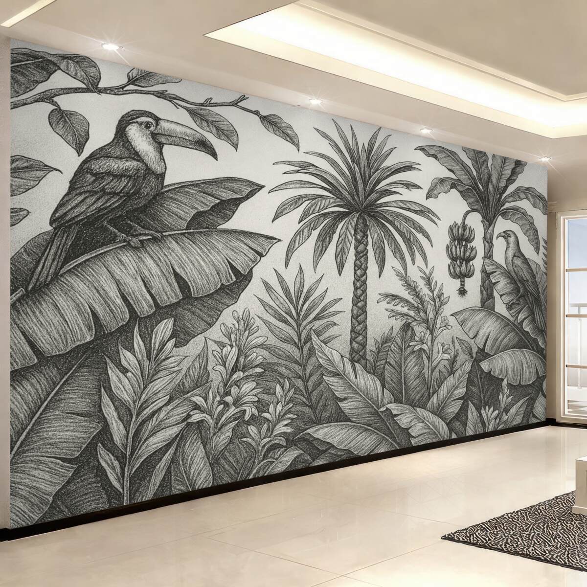 Fototapeta Tropikalny rysunek konturowy, banany, palmy, grafika liniowa.