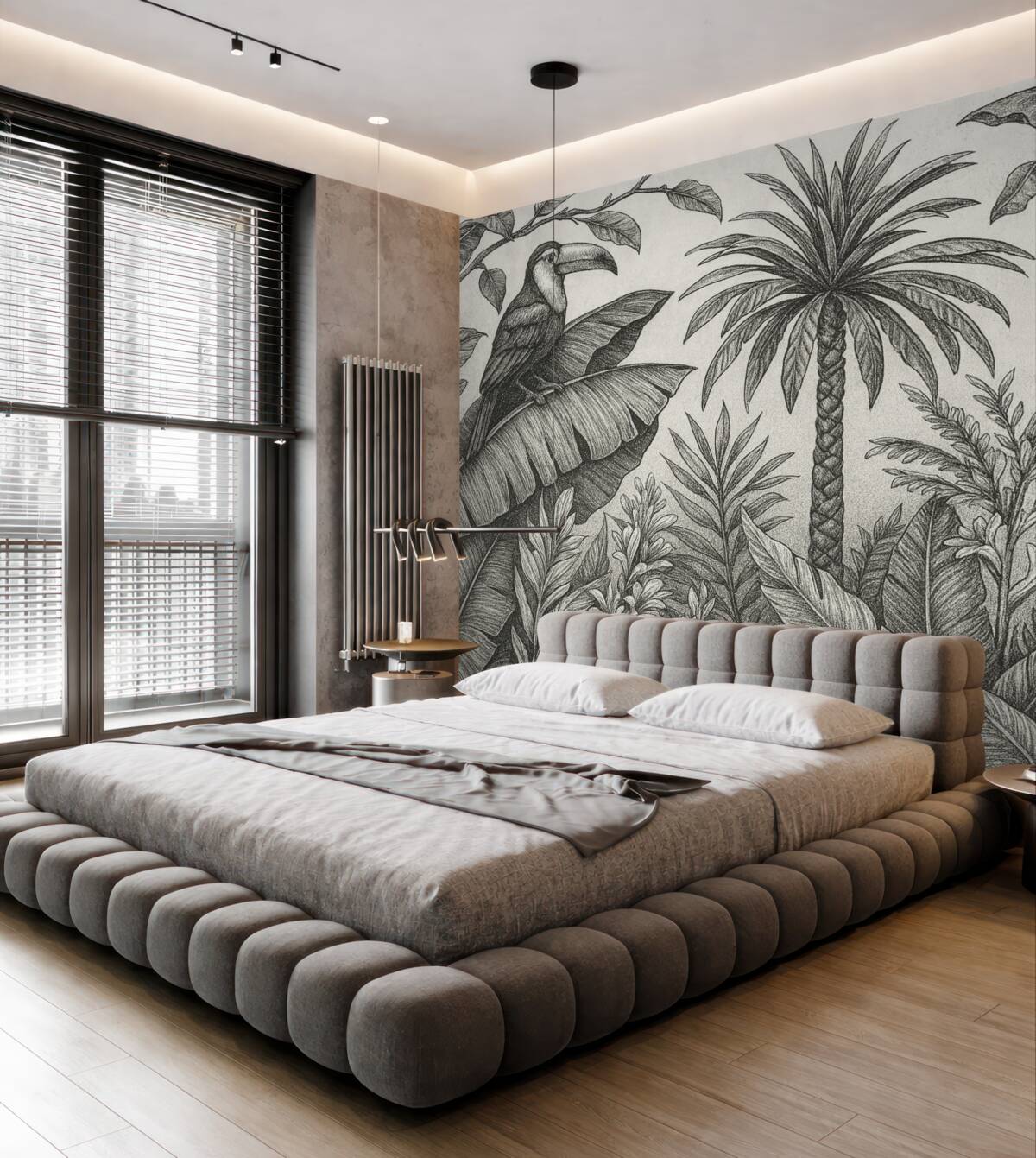 Fototapeta Tropikalny rysunek konturowy, banany, palmy, grafika liniowa.