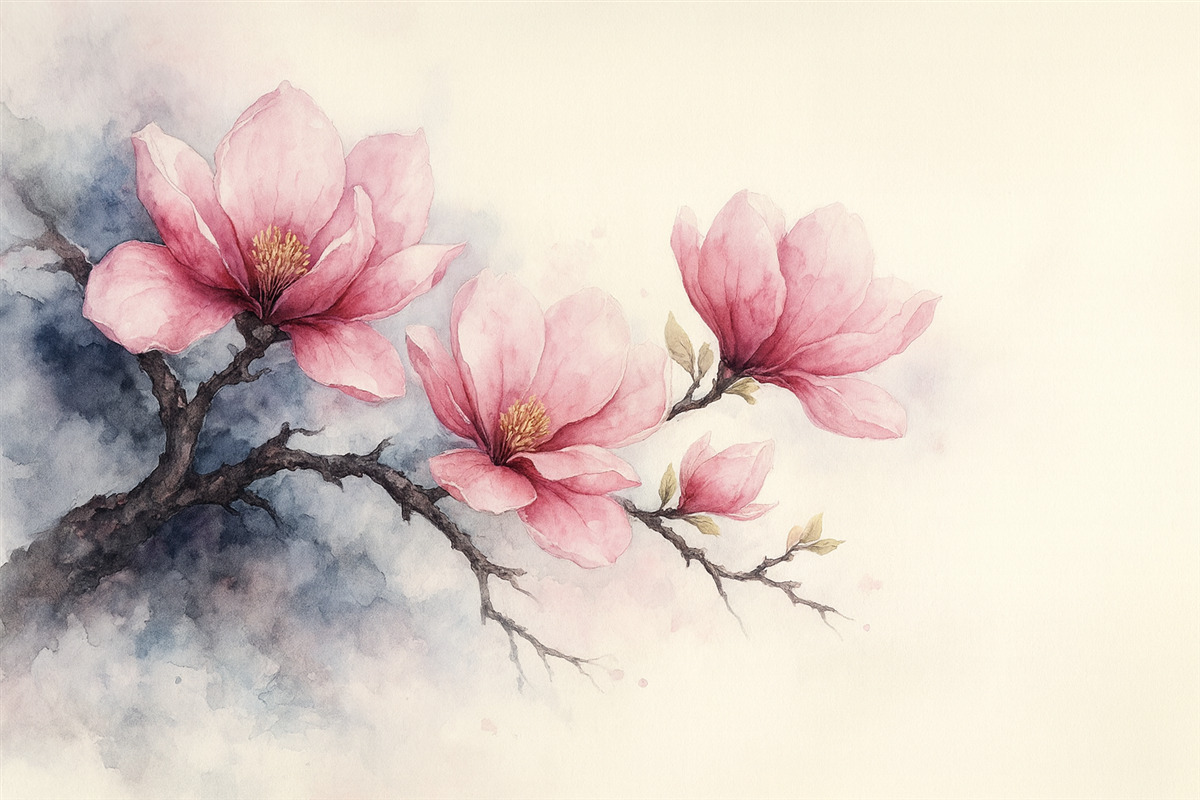 Fototapeta Kwitnąca gałązka różowej magnolii na tle kości słoniowej.